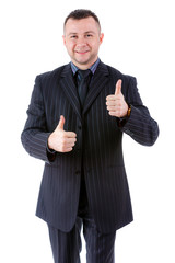 Half-length portrait of smile and happy businessman two thumbs up, isolated on white. Concept of leadership and success