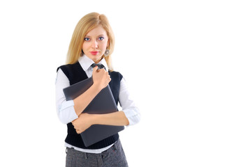 Blond young businesswoman with laptop