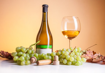 Obraz na płótnie Canvas White wine in bottle and glass and a bunch of white grapes isolated on white
