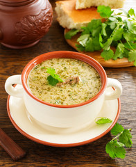 Kharcho soup of beef with walnuts and rice. Georgian cuisine.