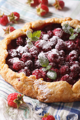 Rustic raspberry pie with mint close up on the table. vertical
