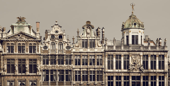 Vintage Brown Filter on Historical Buildings of Brussels in Grand Place