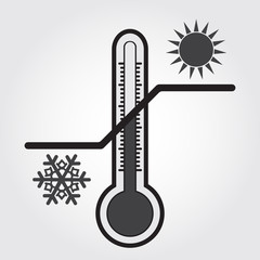 Thermometer with high and low temperatures. Sun and snowflake. Black and white illustration. Vector Image.