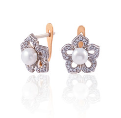 Luxury golden earrings beautiful flowers with diamonds and pearl isolated on white