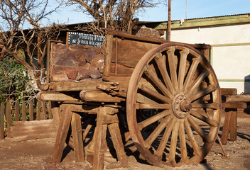 Old wooden cart used for transporting saltpeter at the historic Humberstone Saltpeter Works in the...