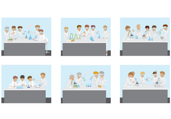 Medical Scientists - Laboratory Research, Different Situations Set - Vector Illustration, Graphic Design