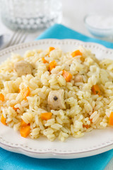 rice with meat and carrot on white plate