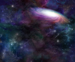 Fototapeta na wymiar Rotating Galaxy in Deep Space - Rainbow colored rotating galactic mass on a detailed multi colored deep space background with plenty of copy space