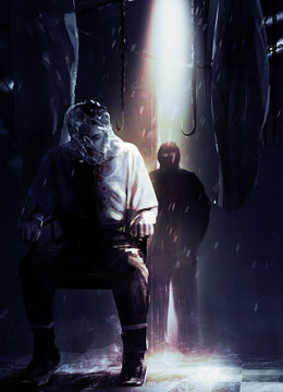 Horror artwork of  silent assassin criminal standing in shadows with his victim tied to a chair.