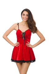 Woman wearing short mini red dress isolated on white