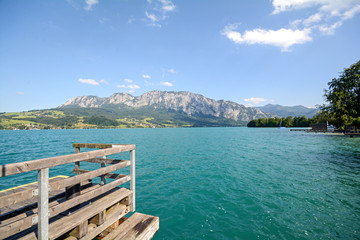Lake district Salzburger Land Austria: View over lake Attersee - Austrian Alps