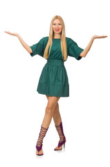 Fototapeta premium Young woman in green dress isolated on white