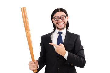 Young elegant man in black suit holding bat isolated on white