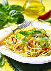 Spaghetti with chili,garlic and basil.