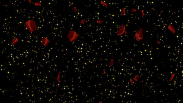 romantic background with falling red rose petals and particles