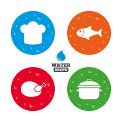 Chief hat, cooking pan icons. Fish and chicken.