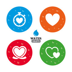 Heart ribbon icon. Timer stopwatch symbol.