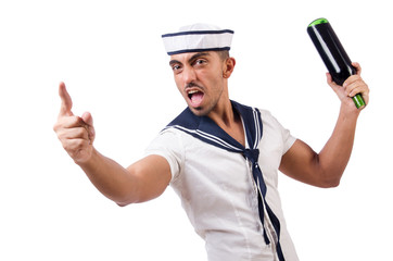Sailor isolated with wine bottle 