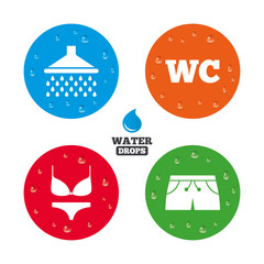 Swimming pool icons. Shower and swimwear signs.