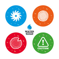 Wood and saw circular wheel icons. Attention.