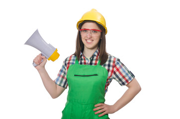 Woman wearing hard hat with loudspeaker