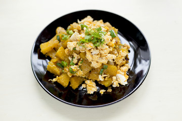 Fried pumpkin with egg, vegetarian food