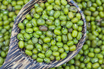 Green bean or mung bean in wooden spoon