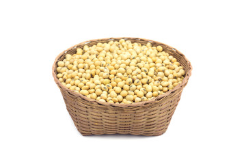 Soy beans in bamboo basket isolated on white background