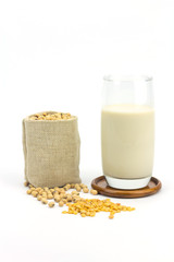 Soy beans in sack bag and soy milk isolated on white background