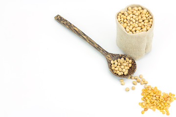 Soy beans in sack bag isolated on white background,Copy space