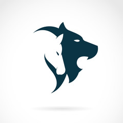 Vector of lion head and horse head on white background. Animal.
