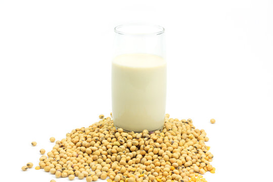 Soy beans and soy milk isolated on white background