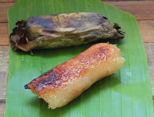 Sticky rice wrapped in banana leaves grill (With Coconut Milk and banana)