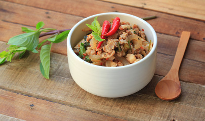 spicy minced pork salad, minced pork mash with spicy, Thai food