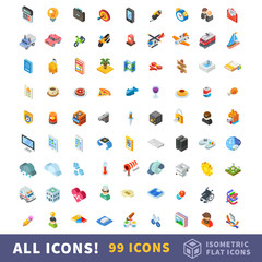 Different icons in big isometry vector flat set. Set of business, transport, recreation, food, security, technology, weather, medicine, creativity themes.