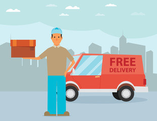 Man postal delivery courier man in front of cargo van delivering