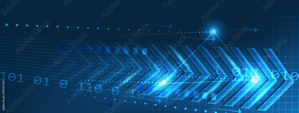 Poster abstract vector technology banner with arrows pattern and circuit board on a dark blue background.