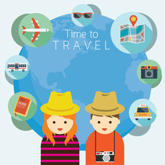 Naklejka premium Couple Tourist with Traveling Icons Worldwide