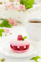 French makarons cake with raspberries.