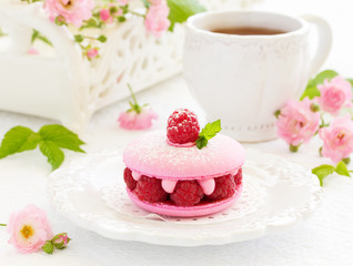 French makarons cake with raspberries.