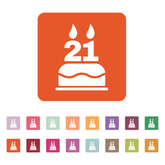 The birthday cake with candles in the form of number 21 icon. Birthday symbol. Flat