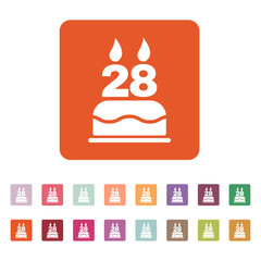 The birthday cake with candles in the form of number 28 icon. Birthday symbol. Flat