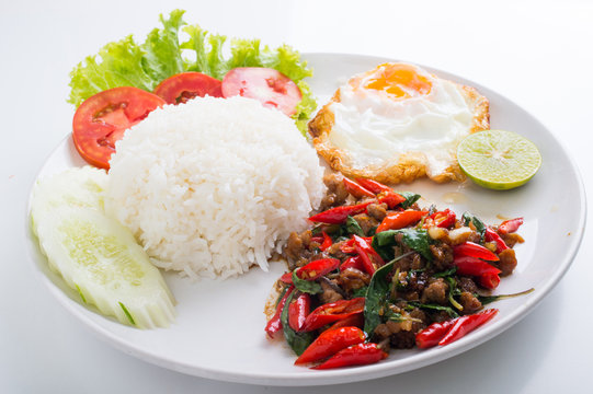 Stir-Fried pork and Basil with Rice and Egg