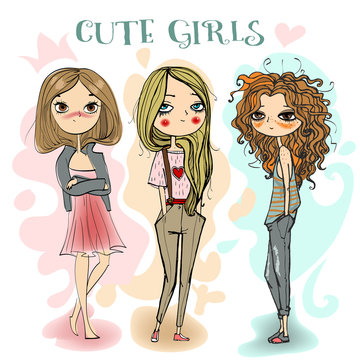 set of fashion cartoon girls