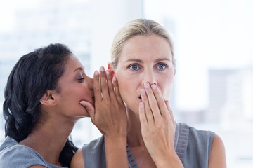 Businesswoman whispering gossip to her colleague