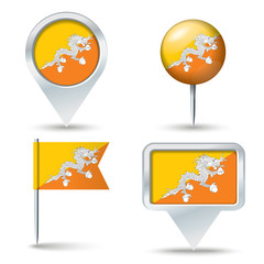 Map pins with flag of Bhutan