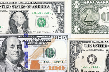 Macro shot of a new 100 dollar bill and one dollar on background