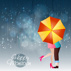 Young couple with umbrella for Happy Monsoon.