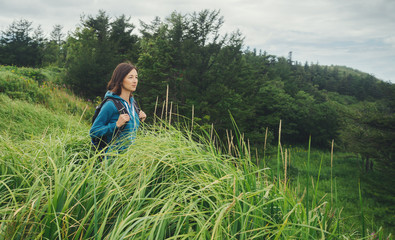 Naklejka na ściany i meble Tourist young woman walking among high grass
