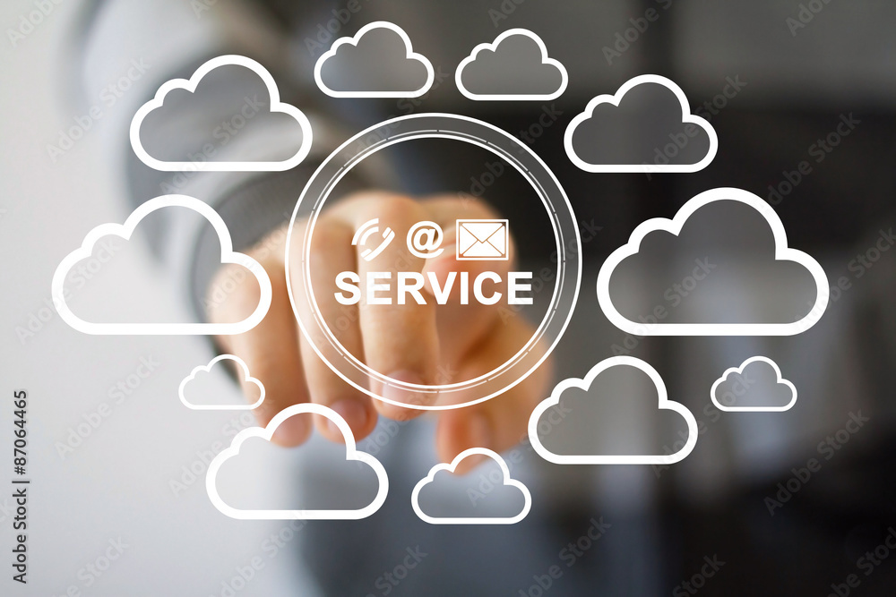 Poster businessman push button mail service connection network cloud